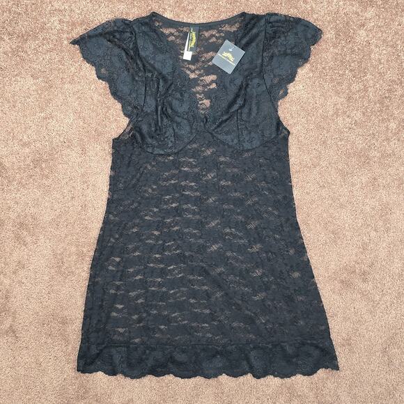 Just Sexy Lingerie XL Black Lace Nightgown Top Flutter Cap Sleeves New - Picture 9 of 9
